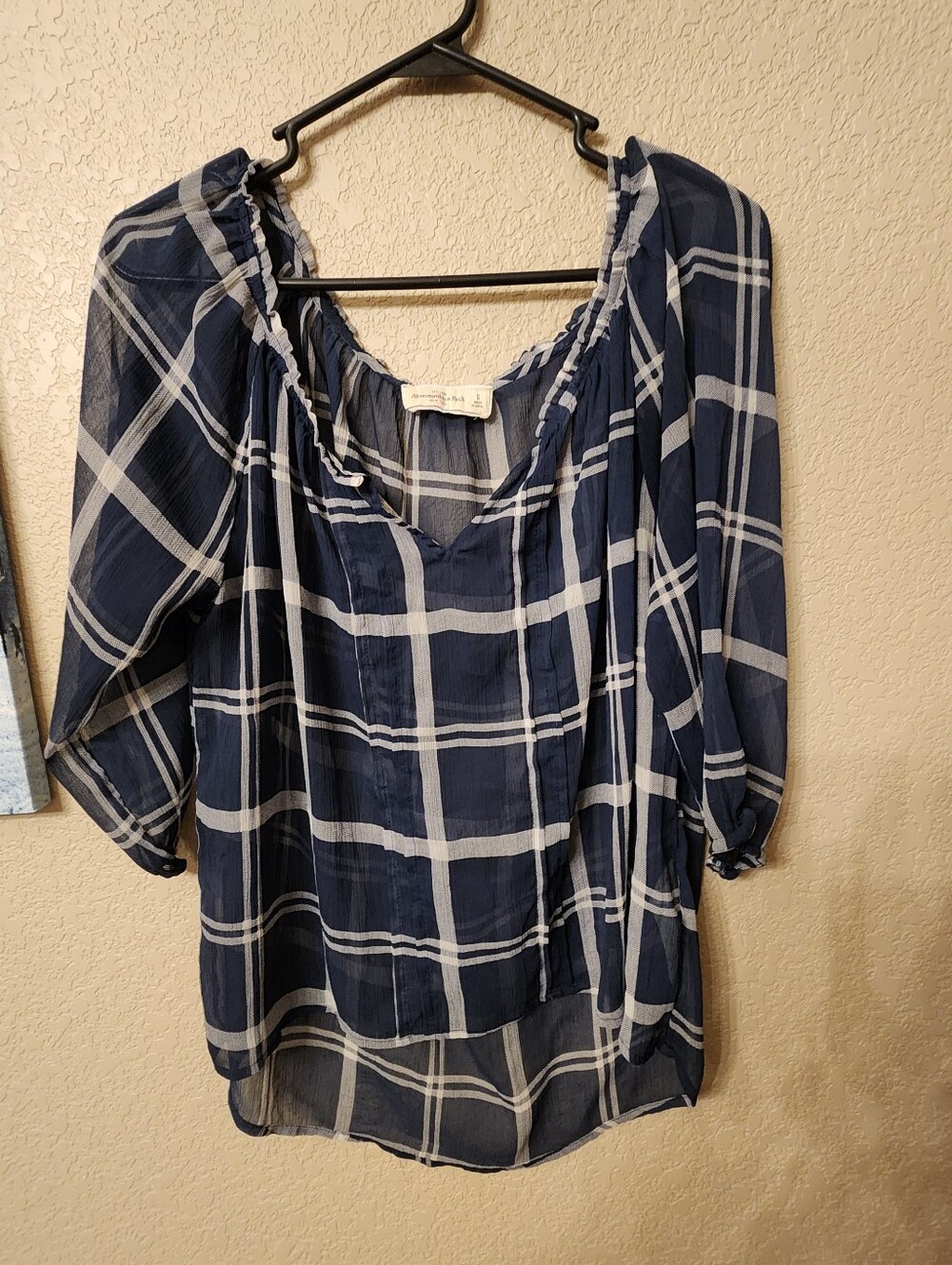 Women’s Navy Plaid Peasant Blouse - Abercrombie & Fitch